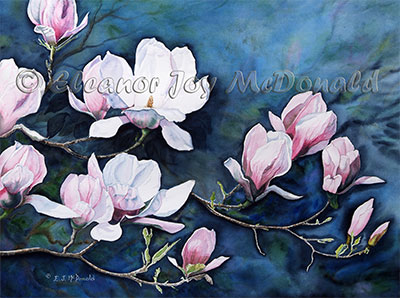 A water color painting of flowers of  magnolia  trees 
