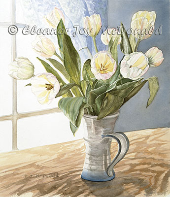 Sunny Sill | A A watercolor painting of cut flowers, white tulips 