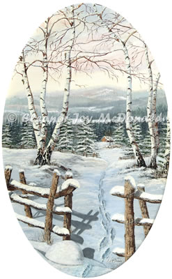 Come With Me | Oil painting of winter birches, rustic fence