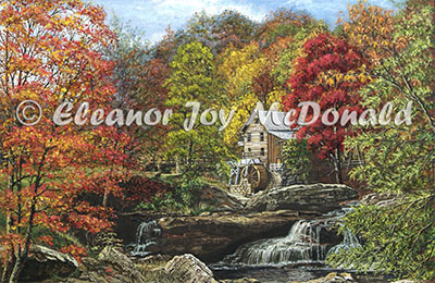 Glade Creek Grist Mill | Oil painting of mill, fall foliage 