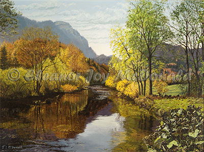 Meadowside Mirror | Riverside Oil painting, fall foliage