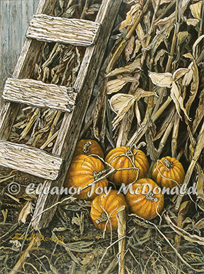  October | An oil painting, cornstalks in fall with pumpkins