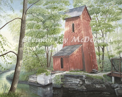 Old Sheave Tower, Blair, ON | Oil painting of Sheave Tower, Blair, oldest hydro-generating system in Ontario