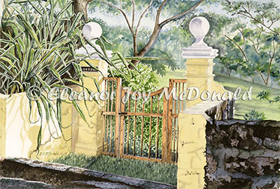 Oxford’s Welcome | Watercolor painting of Bermuda gateway 