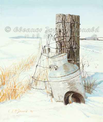 Waiting | Oil painting of milk can with lid lying in snow