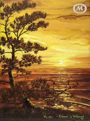 Testimony | Oil painting of pine tree by lake at sunset
